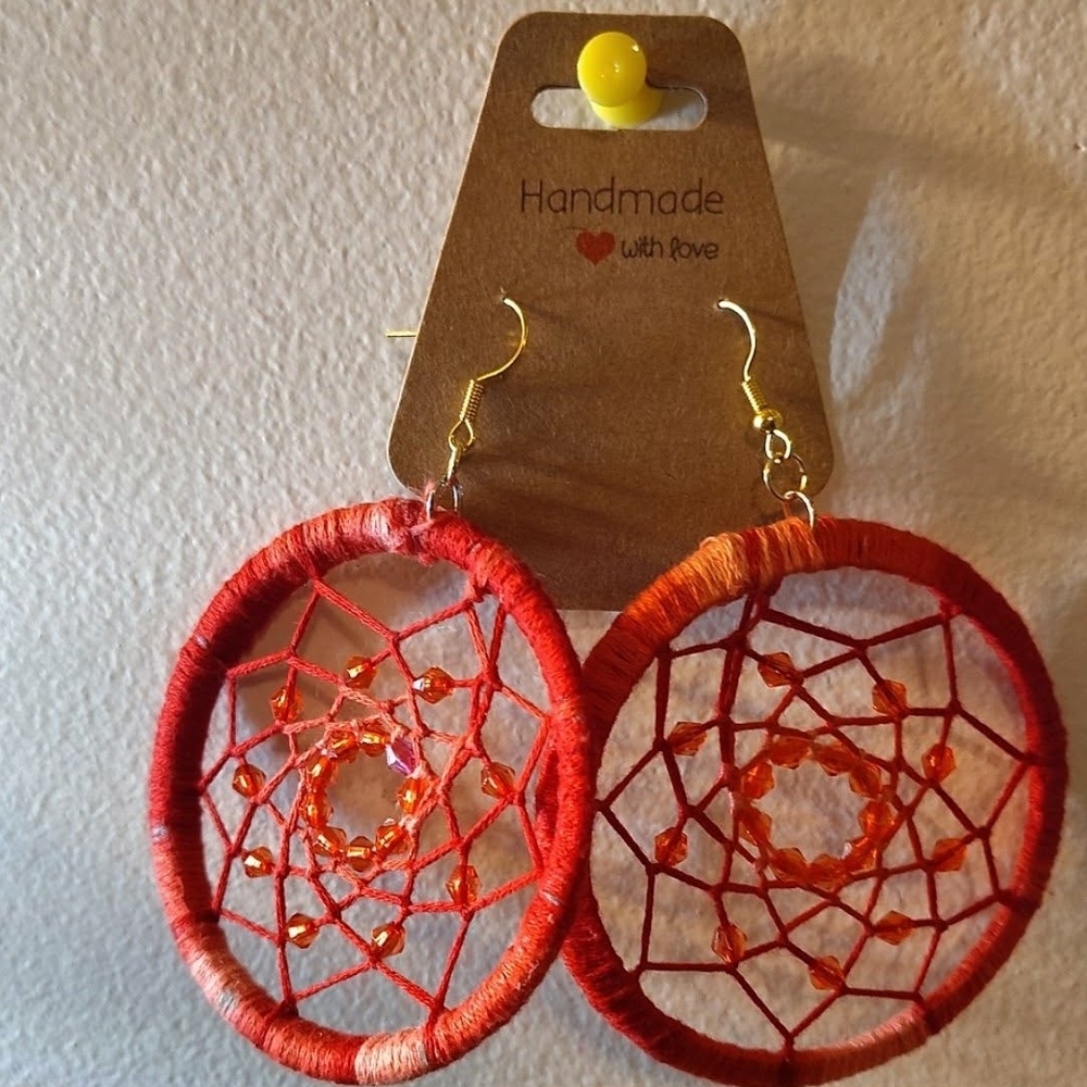 Handmade Red Dreamcatcher Hoop Earrings with Gold Hooks by